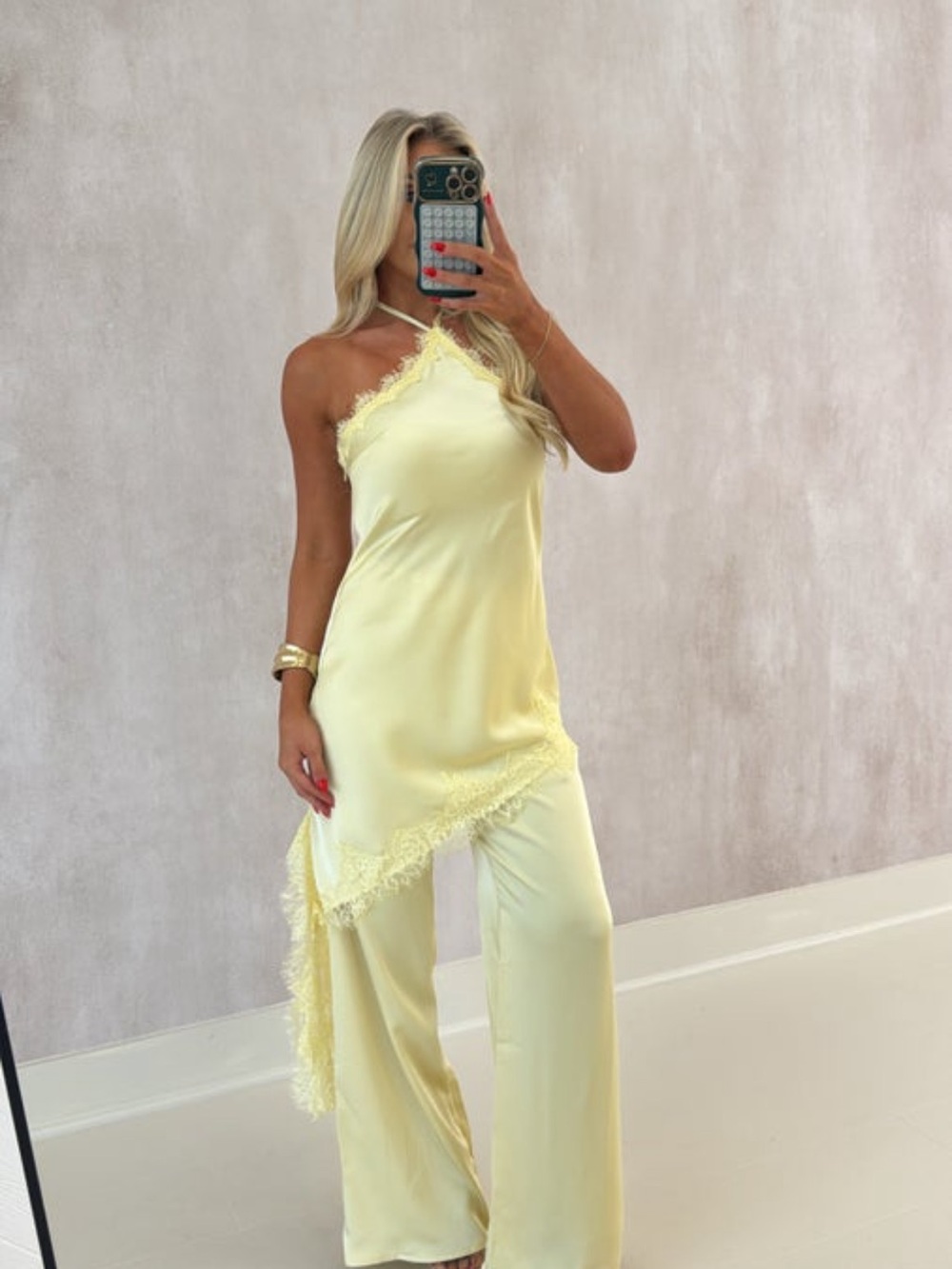 Lace-Trim Satin Camisole and Wide-Leg Pant Set - Butter Yellow